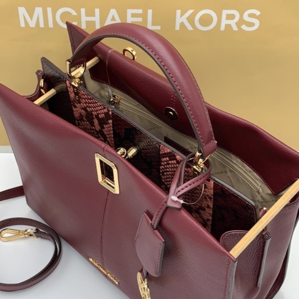 Michael Kors Penelope Large Top Handle Satchel Merlot Multi Color Leather - Picture 6 of 16
